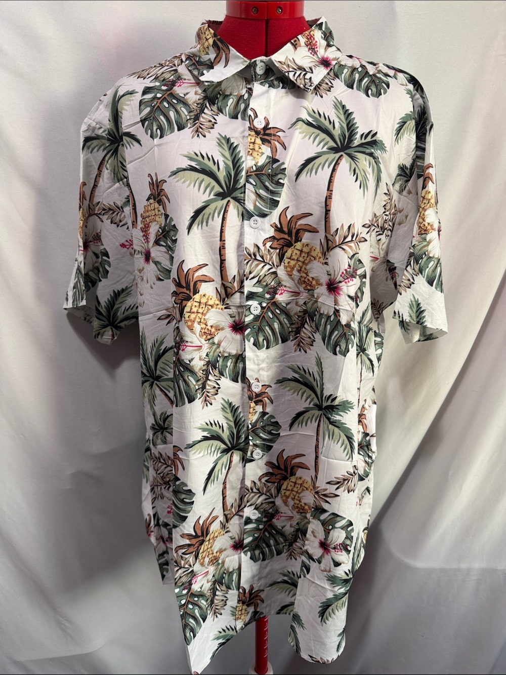 Tropical Palm & Pineapple Short-Sleeve Button-Up Shirt - White